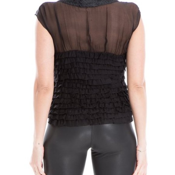 NWT Leon Max | Black Pleated-Yoke Silk Cap-Sleeve Top - M - Picture 3 of 8